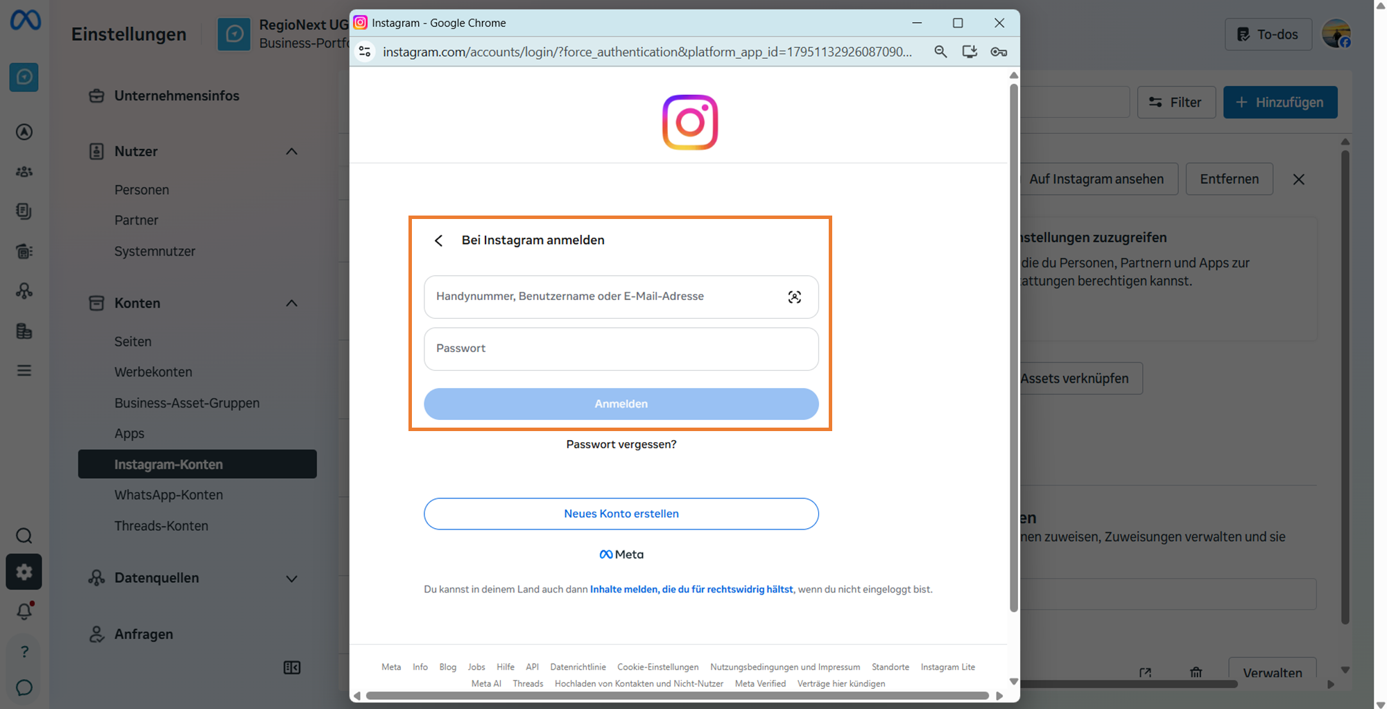 Anmeldeformular von Instagram mit Benutzername und Passwort