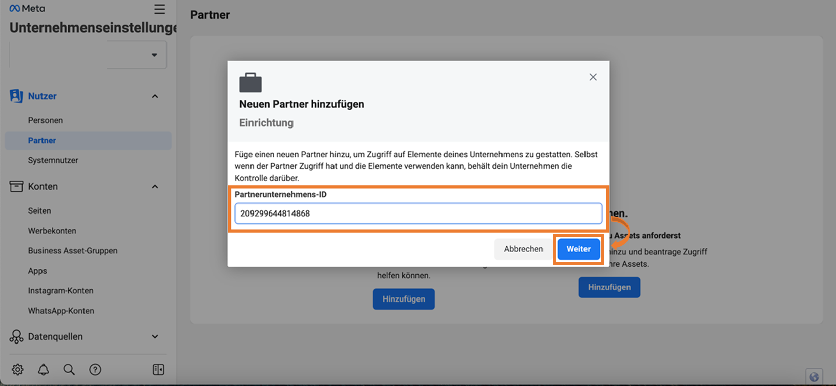 Eingabe der Partnerunternehmens-ID 209299644814868