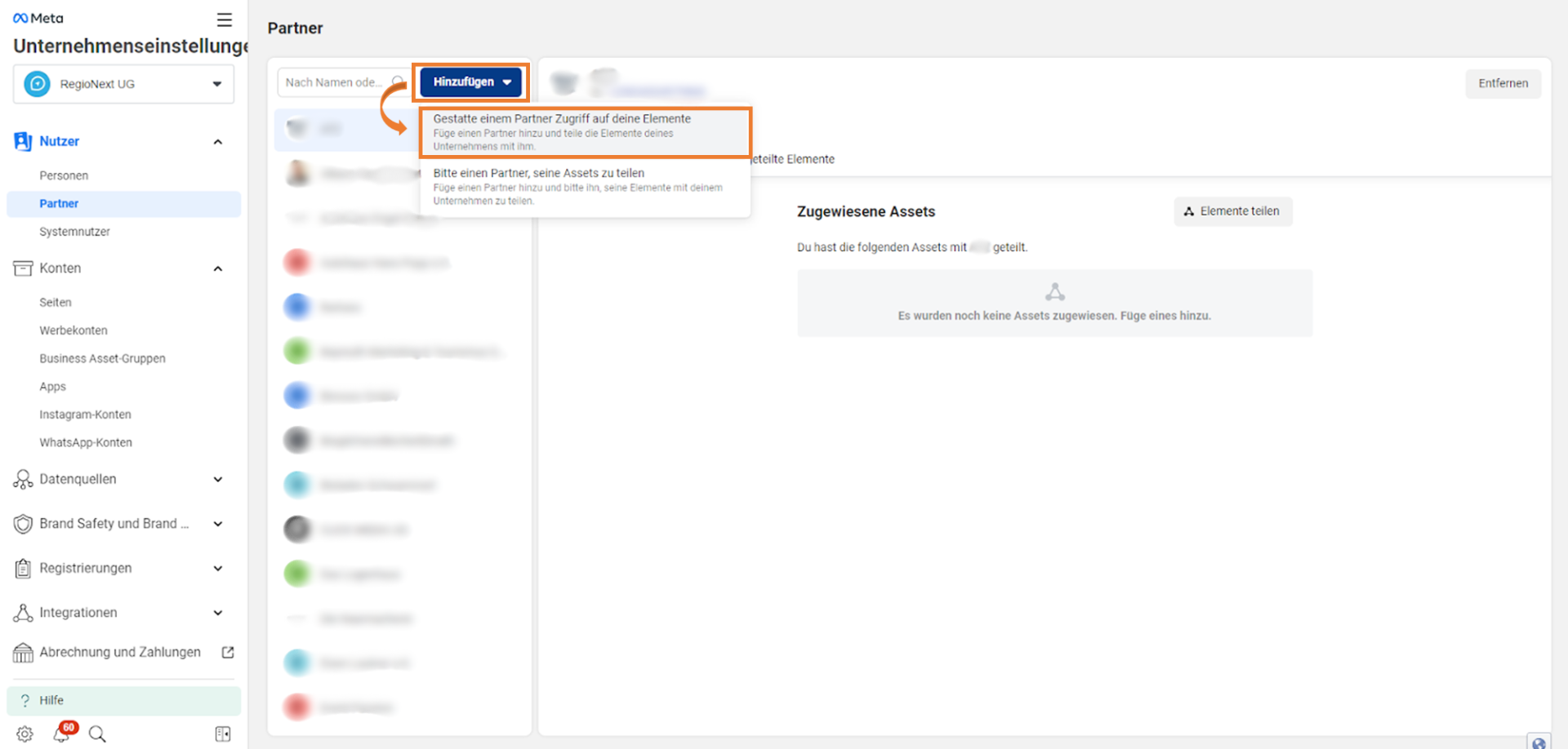 Dropdown-Menü mit Option „Gestatte einem Partner Zugriff auf deine Elemente