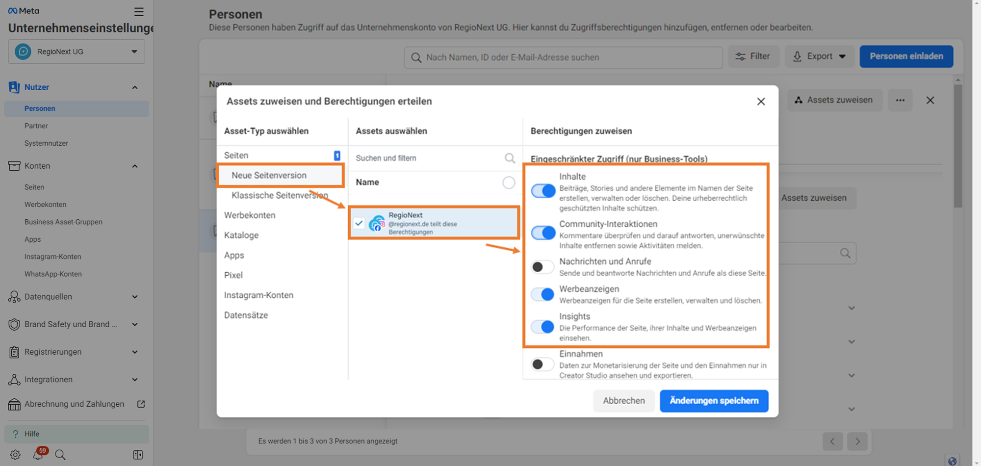 Facebook-Seite auswählen und Berechtigungen Inhalte, Community-Interaktionen, Werbeanzeigen und Insights aktivieren