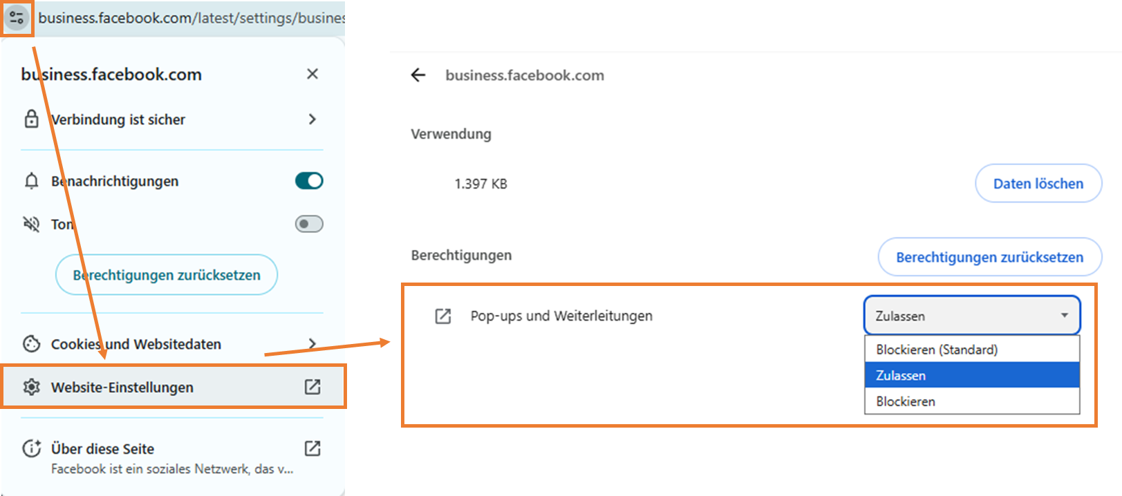 Pop-ups und Weiterleitungen in Chrome auf Zulassen stellen