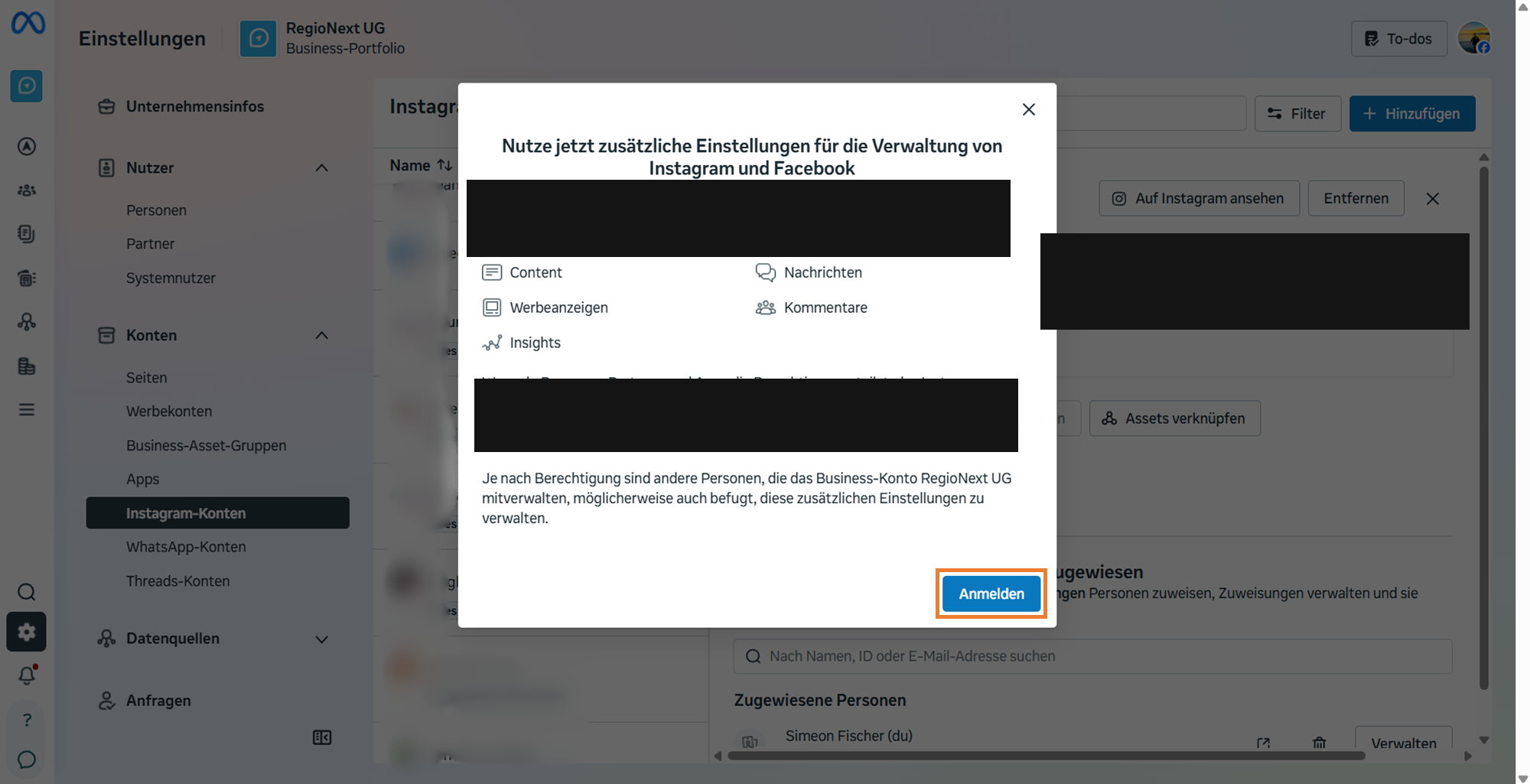 Bestätigungsdialog von Meta mit Anmelden-Button