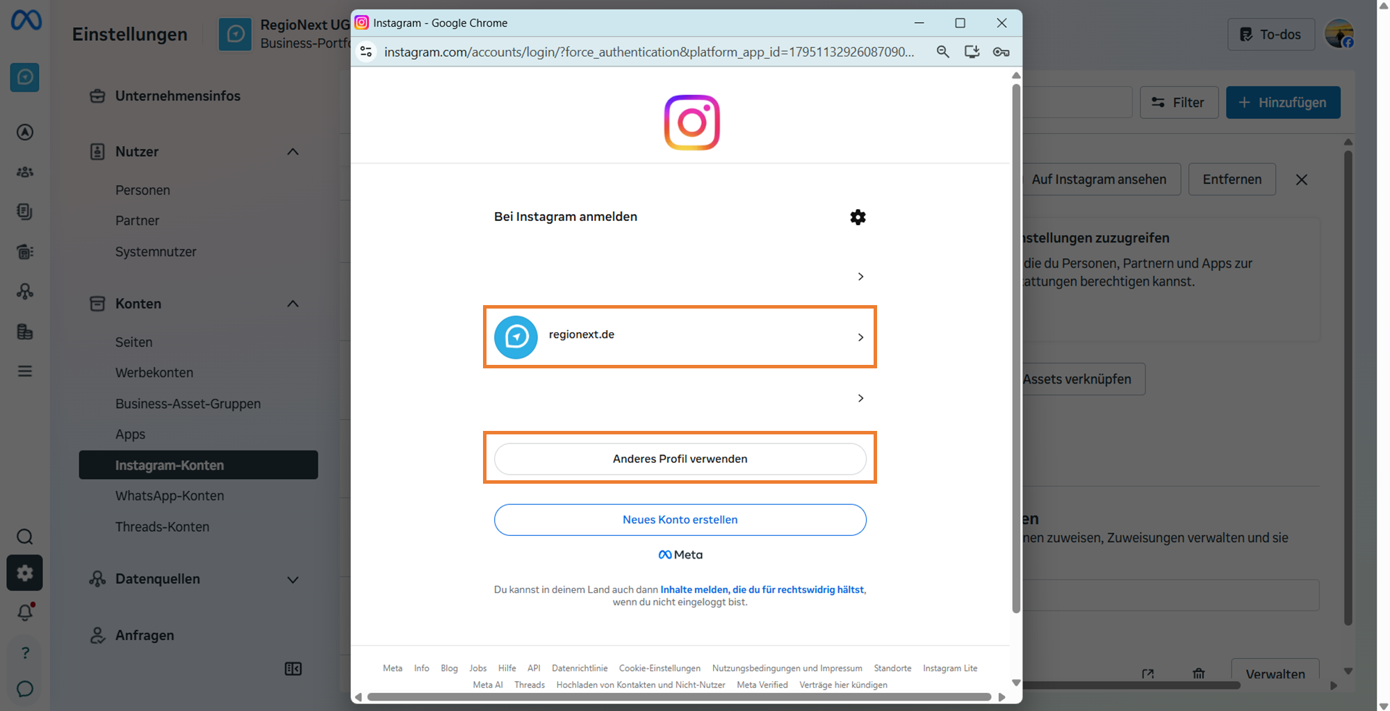 Instagram-Konto zur Anmeldung auswählen oder anderes Profil verwenden