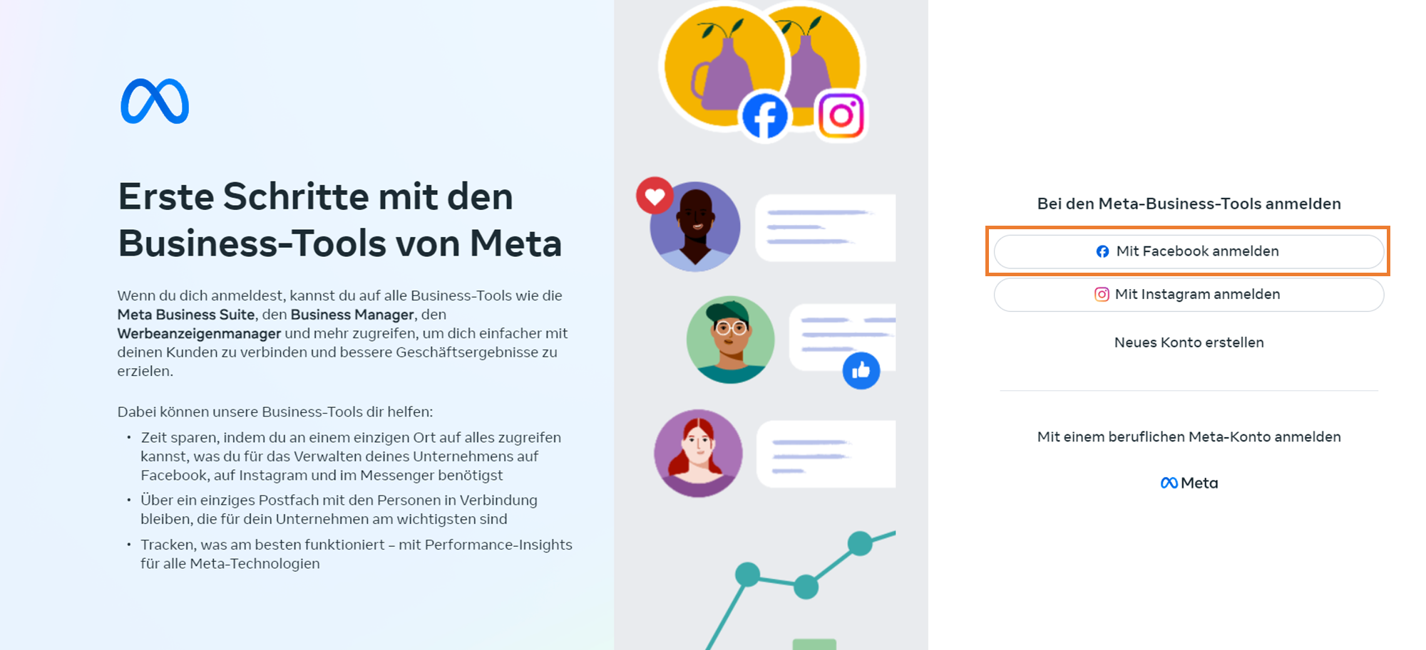 Bei den Meta-Business-Tools anmelden, Mit Facebook anmelden