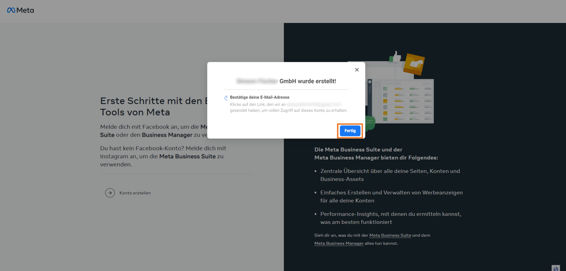 Unternehmenskonto wurde erstellt, Fertig