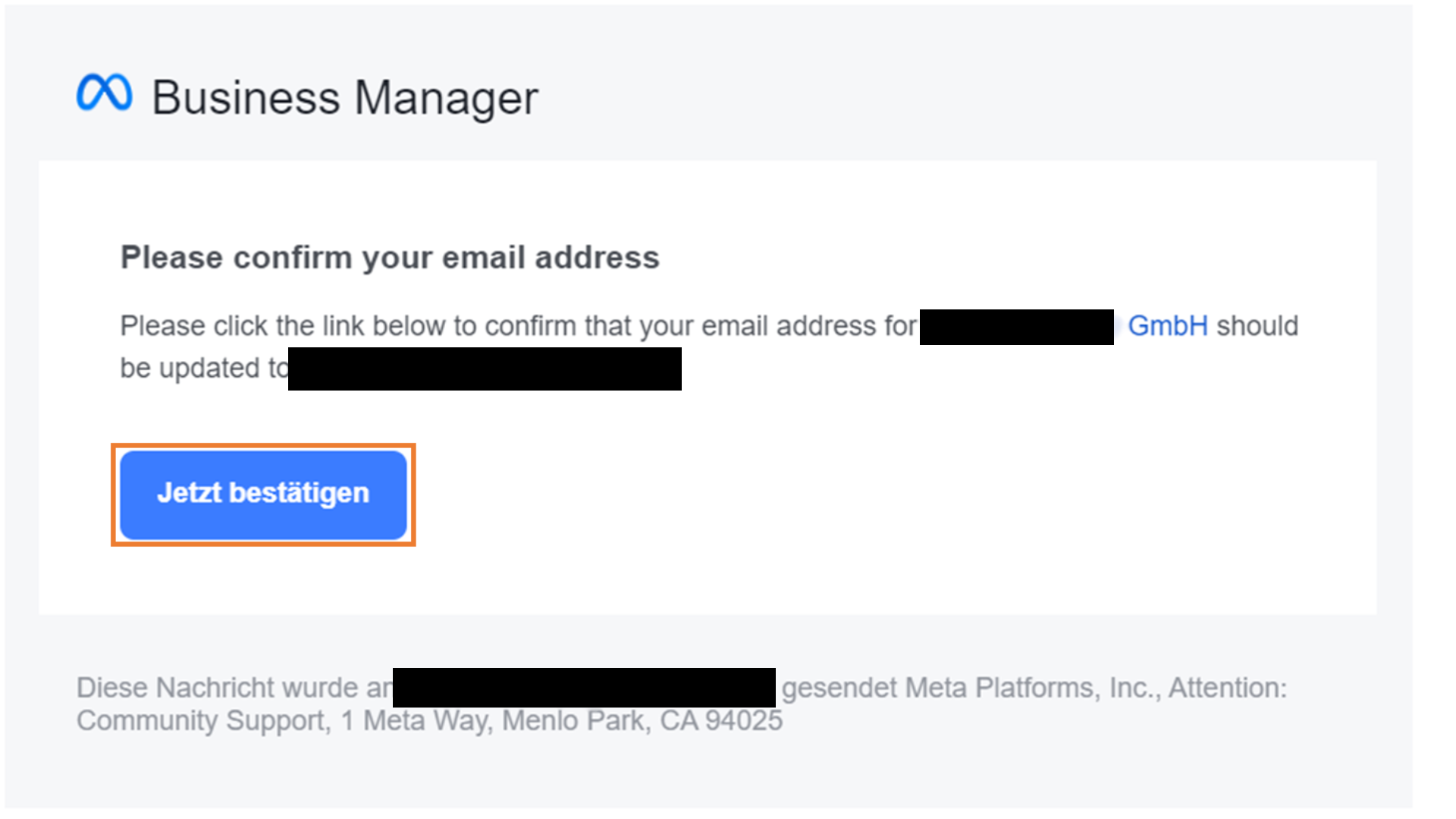 Bestätigungsmail vom Business Manager, Jetzt bestätigen
