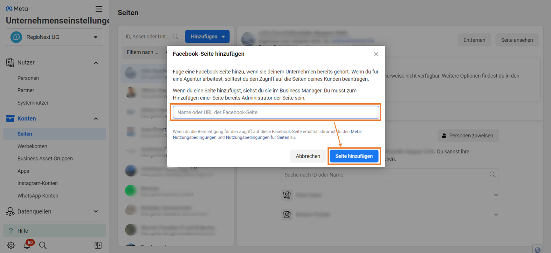 Facebook-Seite hinzufügen, Formular