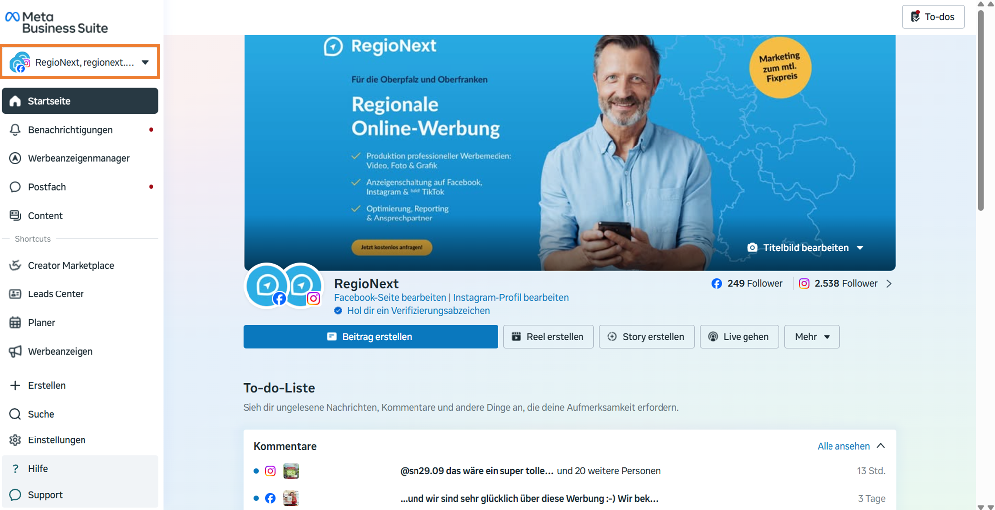 Meta Business Suite, Profil oben links