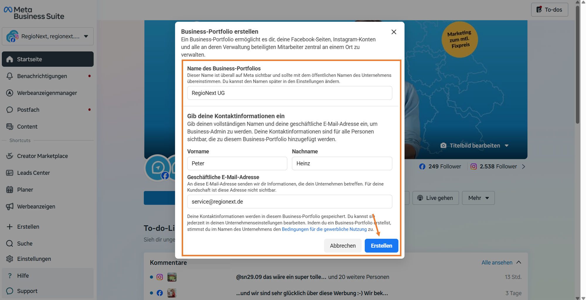 Business-Portfolio erstellen, Formular