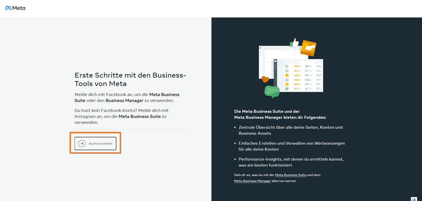 Erste Schritte mit den Business-Tools von Meta, Konto erstellen