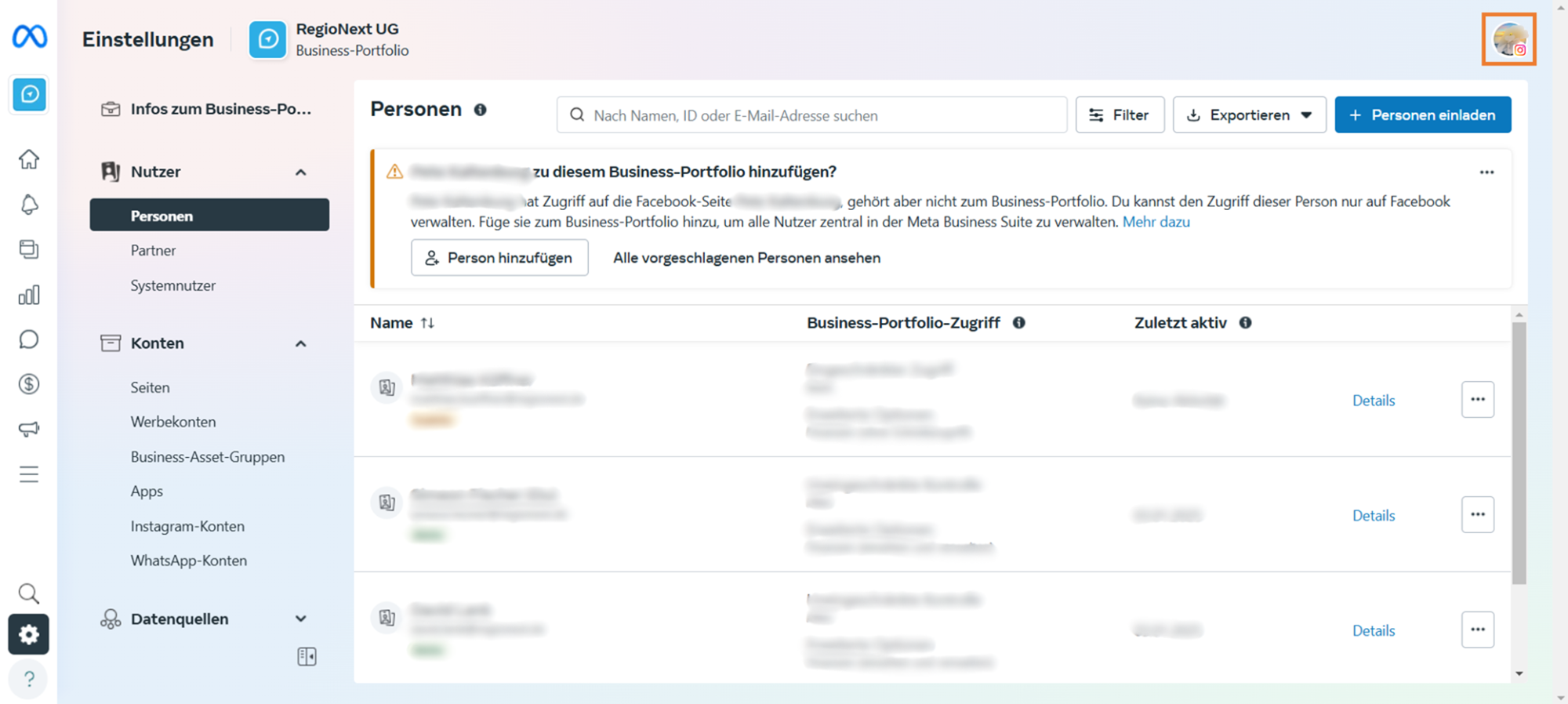 Profilmenü mit Instagram-Konto