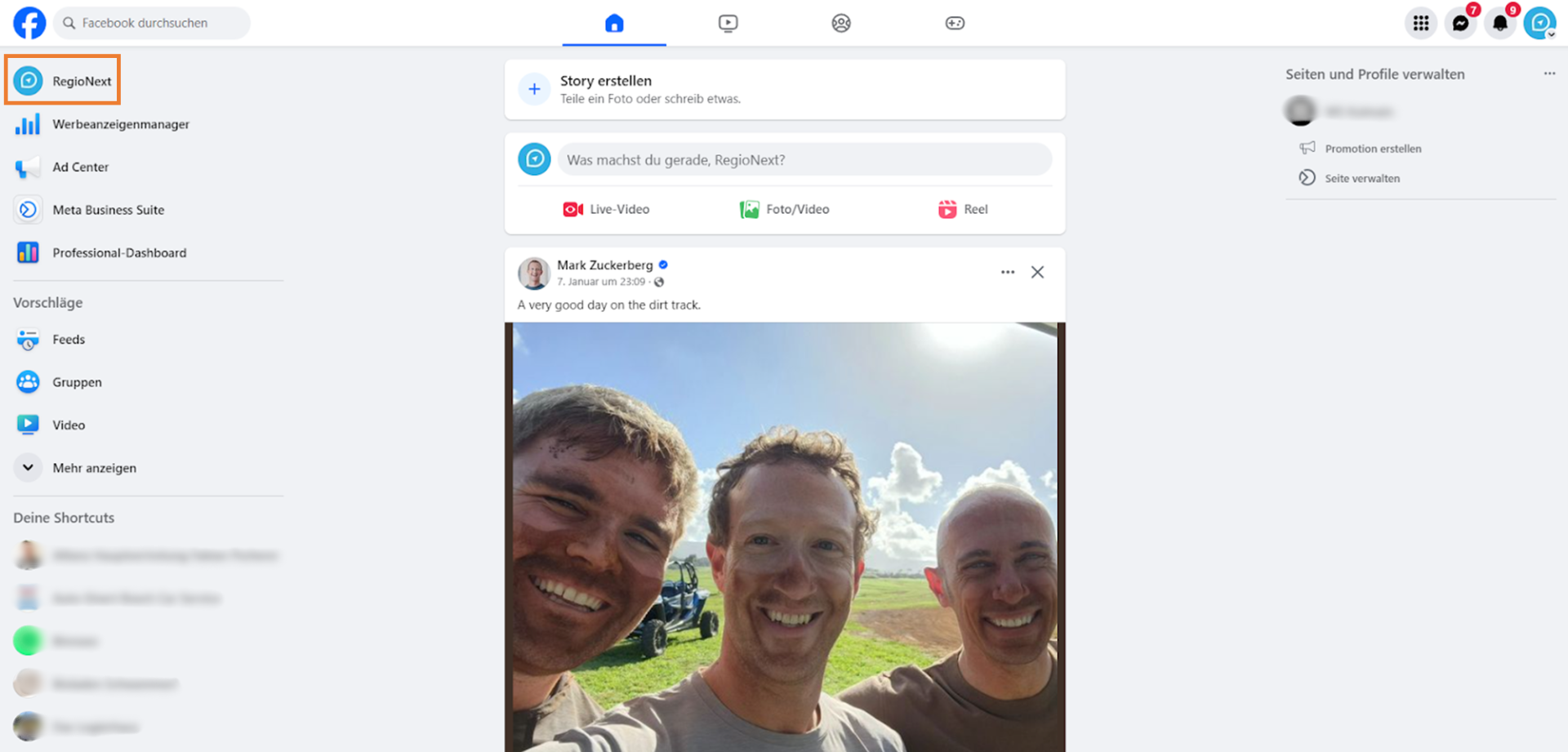 Facebook-Seite in der linken Leiste