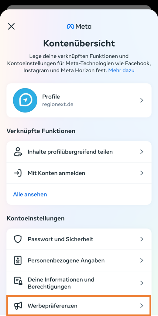 Kontenübersicht mit Werbepräferenzen