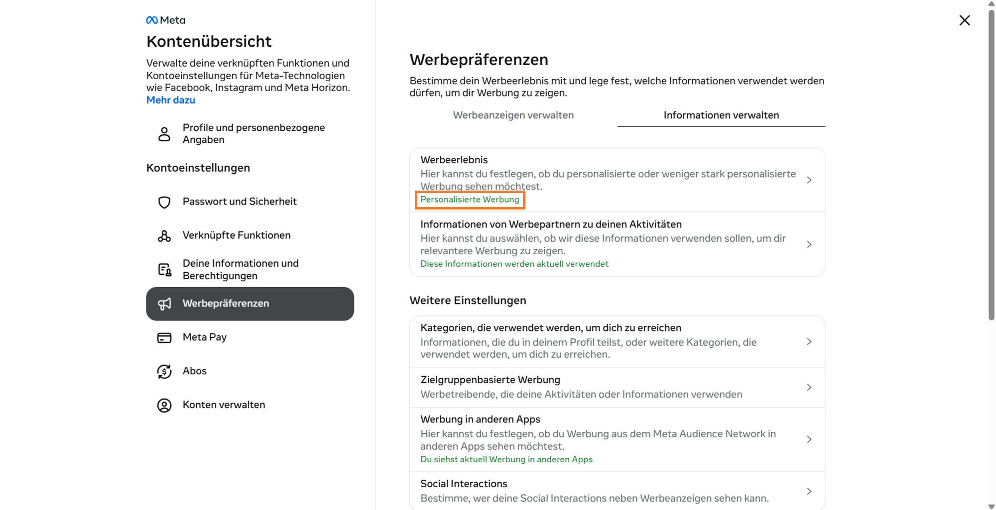 Bestätigung Personalisierte Werbung im Accounts Center