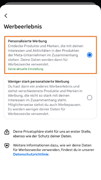Auswahl Personalisierte Werbung auf dem Smartphone