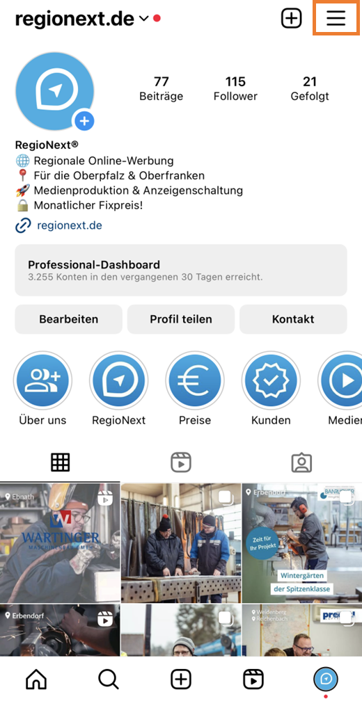 Instagram-Profil mit 3-Striche-Menü oben rechts