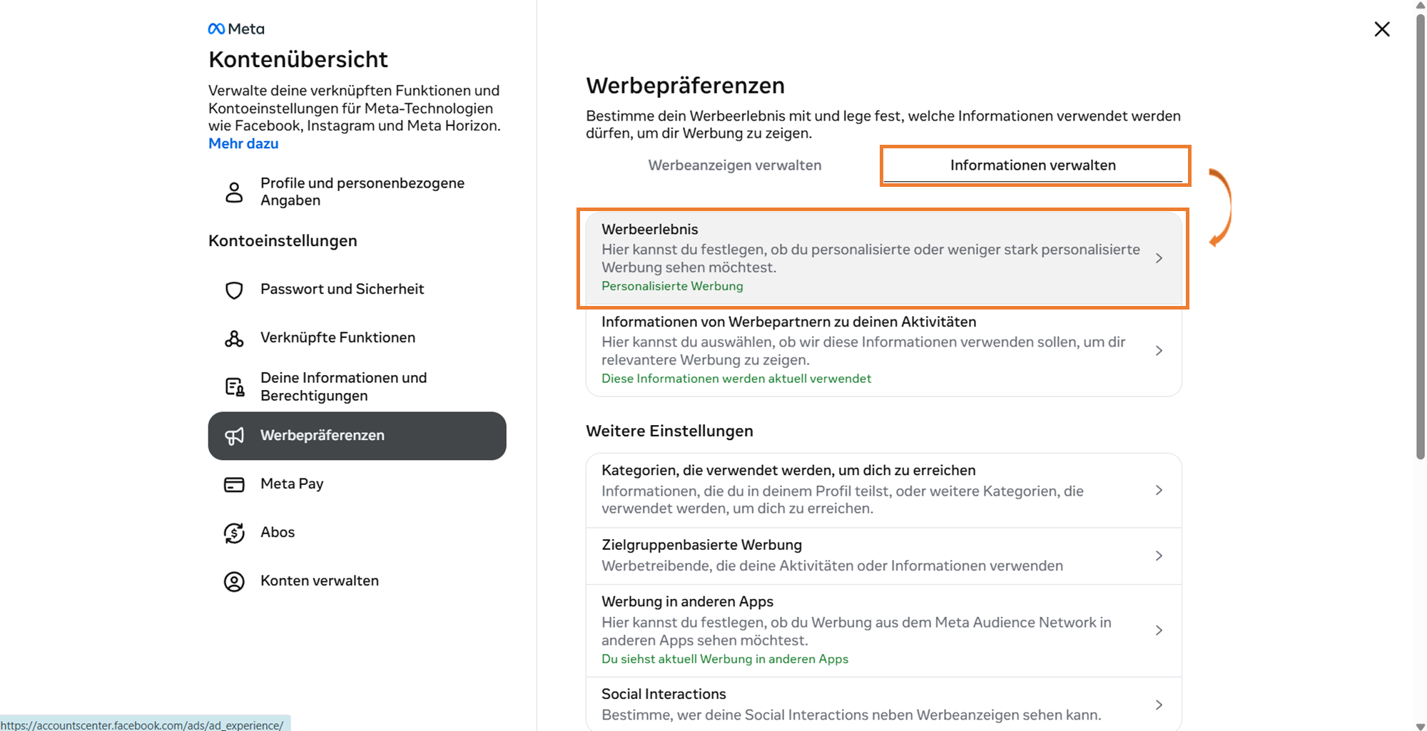 Accounts Center: Werbeerlebnis unter Informationen verwalten
