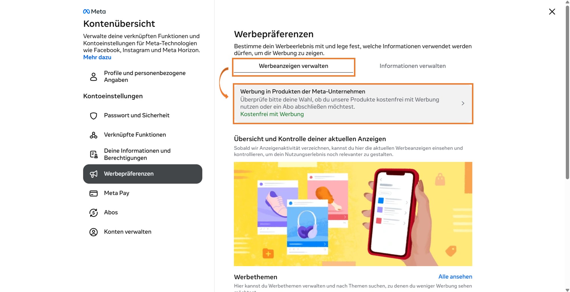 Accounts Center: Werbepräferenzen mit Kostenfrei-mit-Werbung-Link