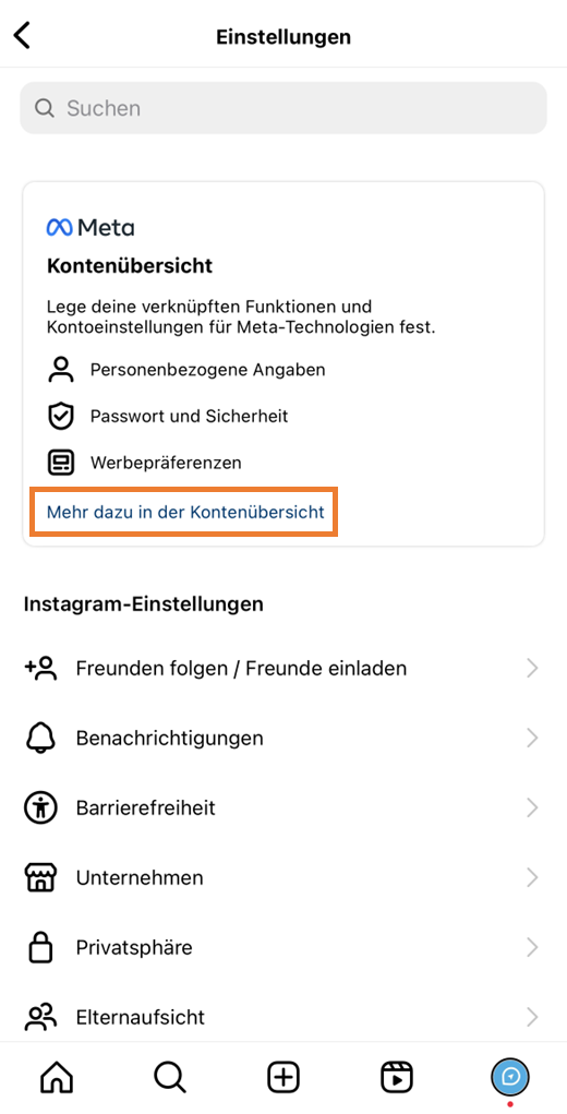 Einstellungen mit Link zur Kontenübersicht