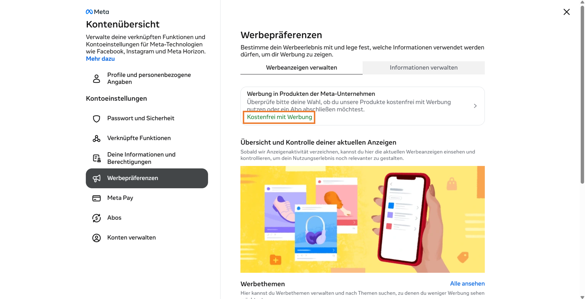Bestätigung Kostenfrei mit Werbung im Accounts Center