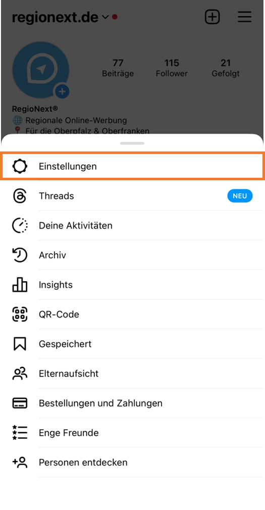 Menü mit Einstellungen